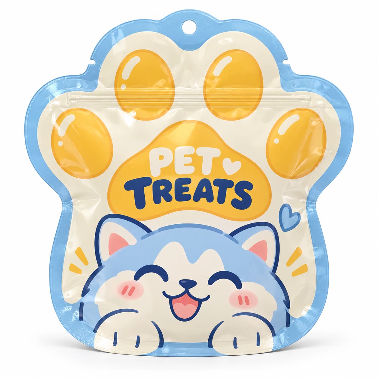 Bolsa para golosinas para mascotas impresa con forma de pata y cierre resellable