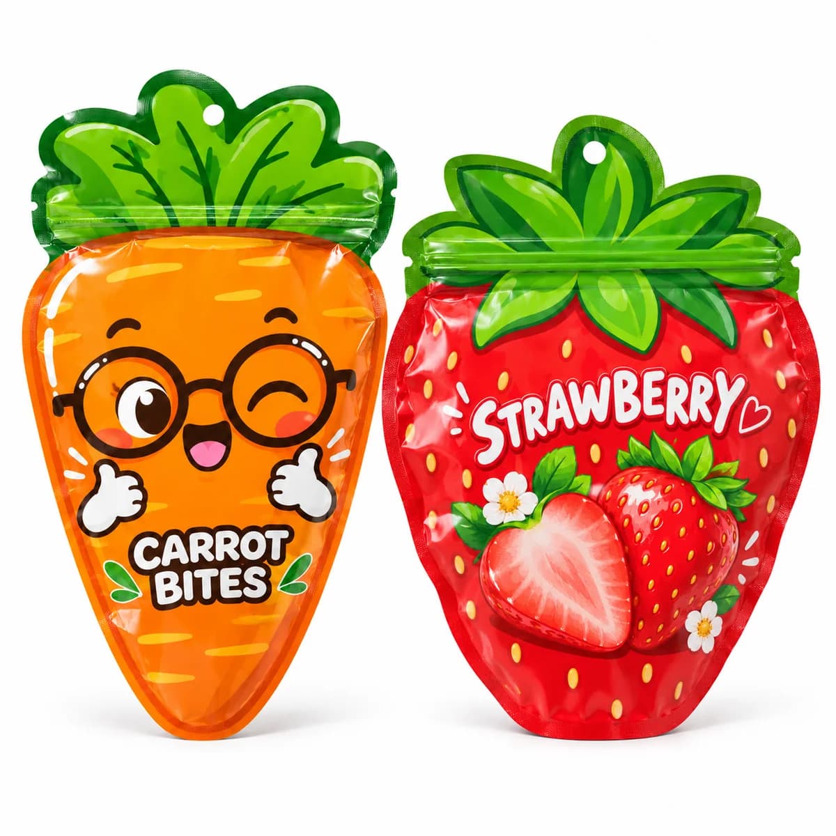 Carrot- and strawberry-shaped printed pouches with green resealable tops