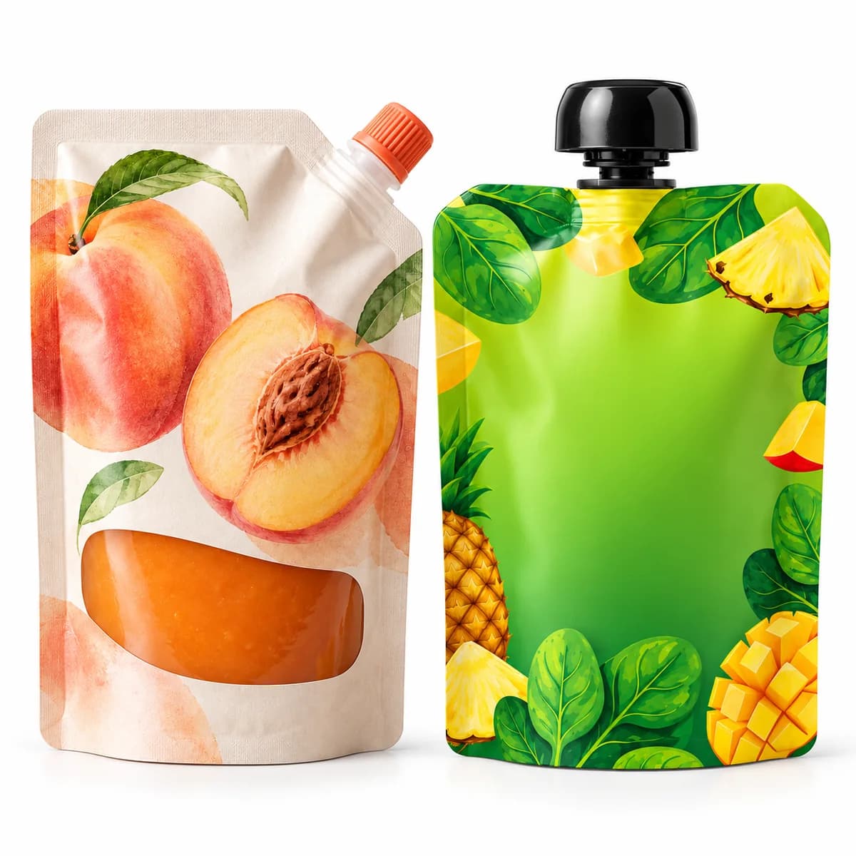 Peach and tropical fruit printed spout pouches with orange and black caps