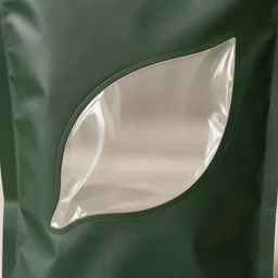 Primer plano ilustrativo de una ventana transparente con forma de hoja en un envase tipo stand-up