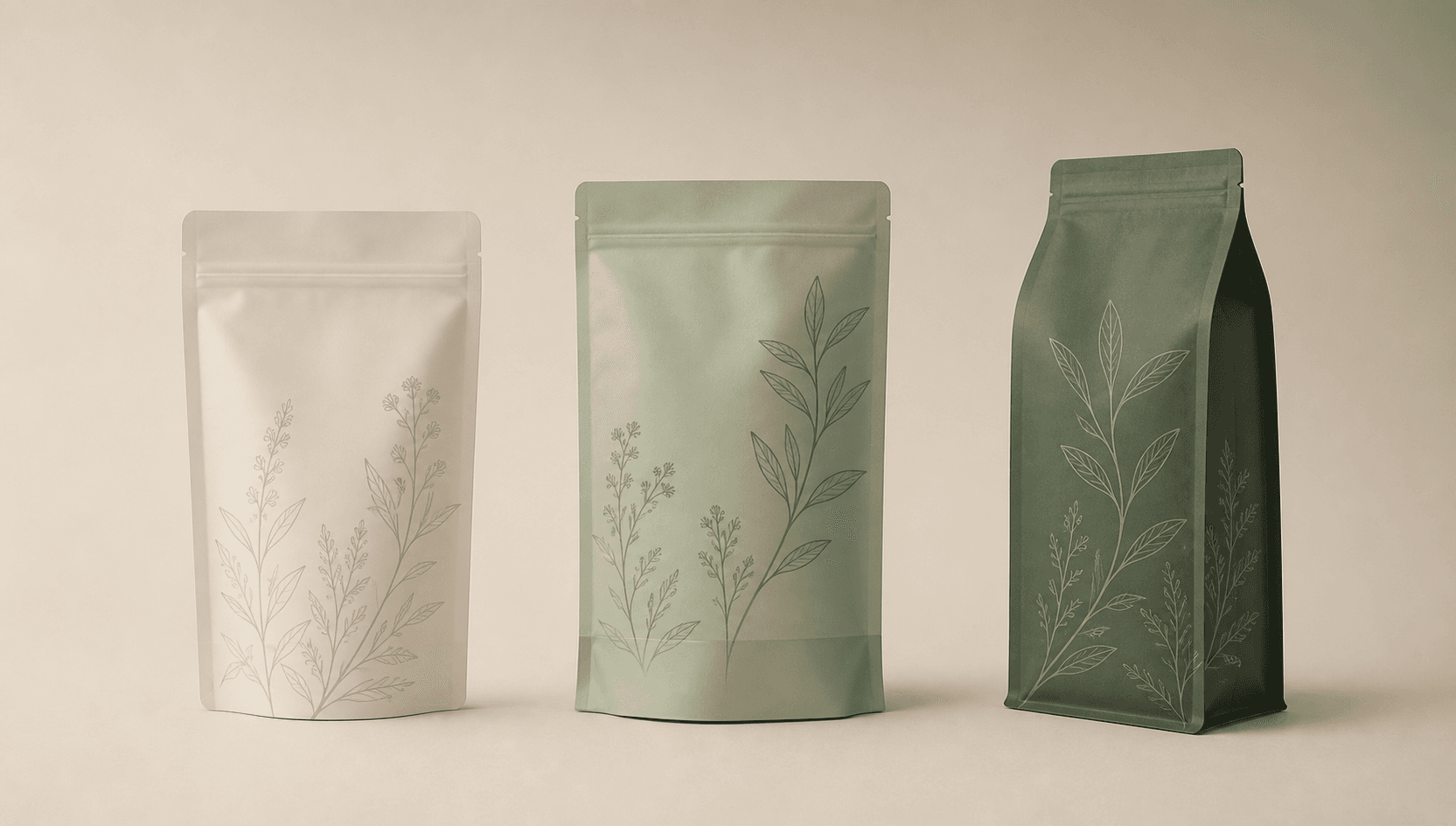 Ivory, sage and forest green flexible pouches with subtle botanical artwork