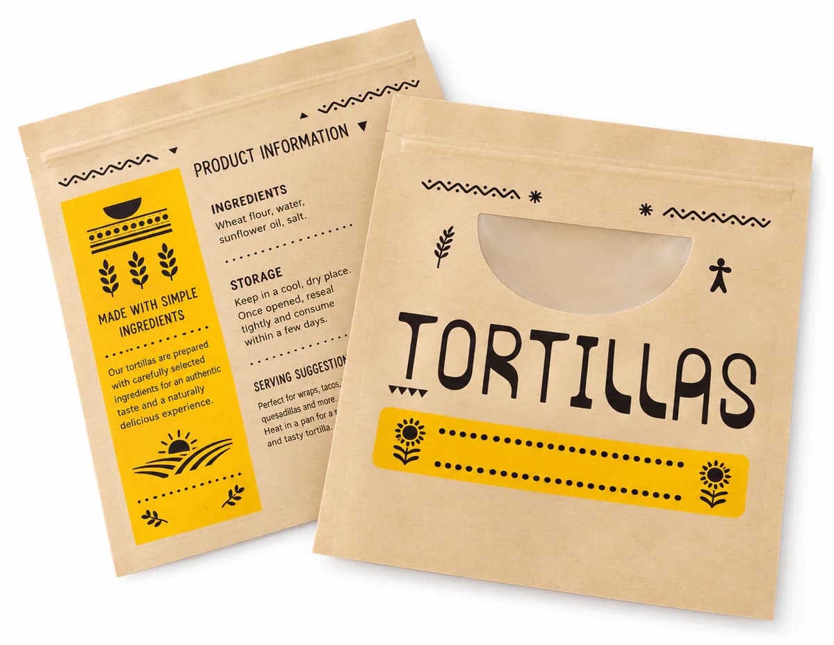 Front and back views of kraft paper three-side-seal tortilla pouches