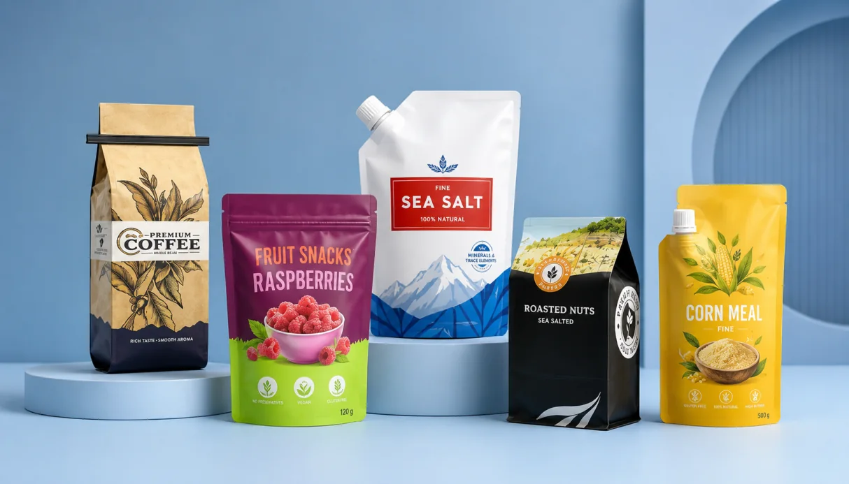 Custom flexible pouches for coffee, fruit snacks, salt, roasted nuts, and corn meal