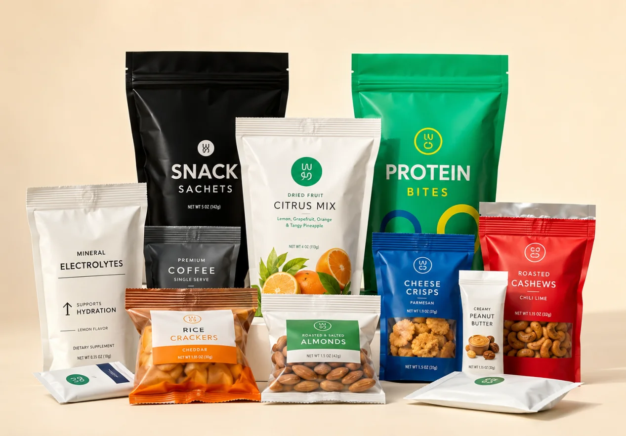 Assorted printed flexible food packaging bags for snacks, coffee, nuts, and powdered products