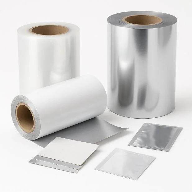 Clear and metallized flexible packaging film rolls with sample laminate sheets