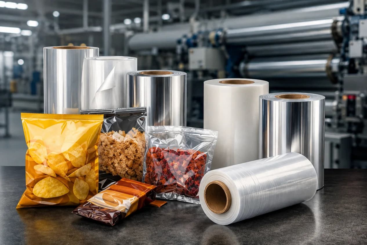 Flexible packaging films, printed food pouches, and clear bags arranged in a packaging production setting