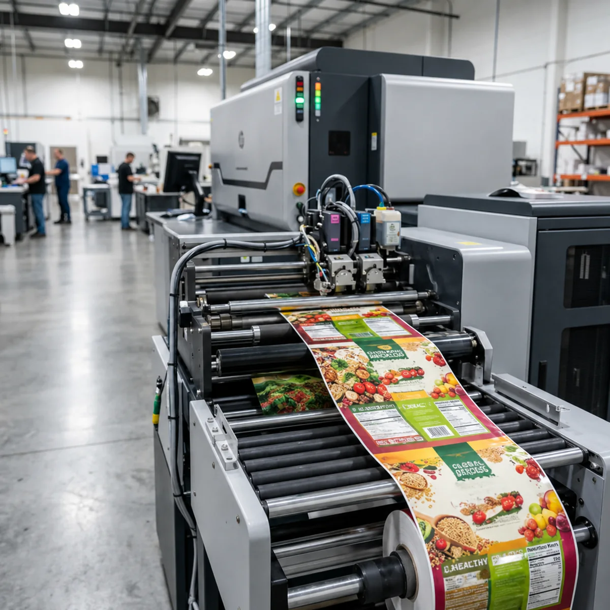 Illustrative flexible packaging printing equipment producing colorful food package artwork