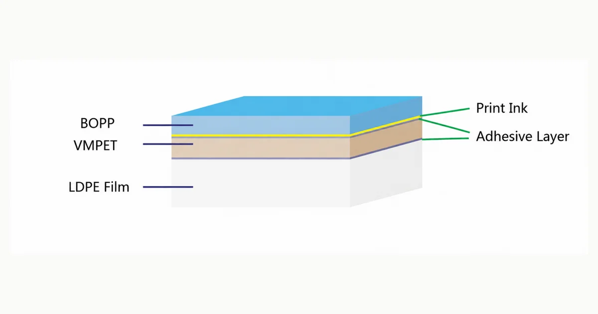 Diagram of BOPP, VMPET, adhesive, print ink, and LDPE layers in a flexible packaging laminate