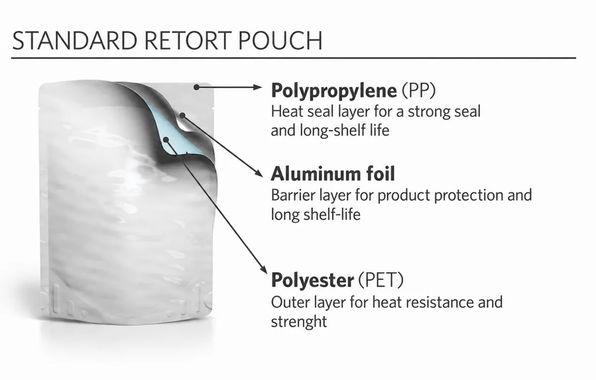 Illustrative retort pouch diagram showing polyester, aluminum foil, and polypropylene layers