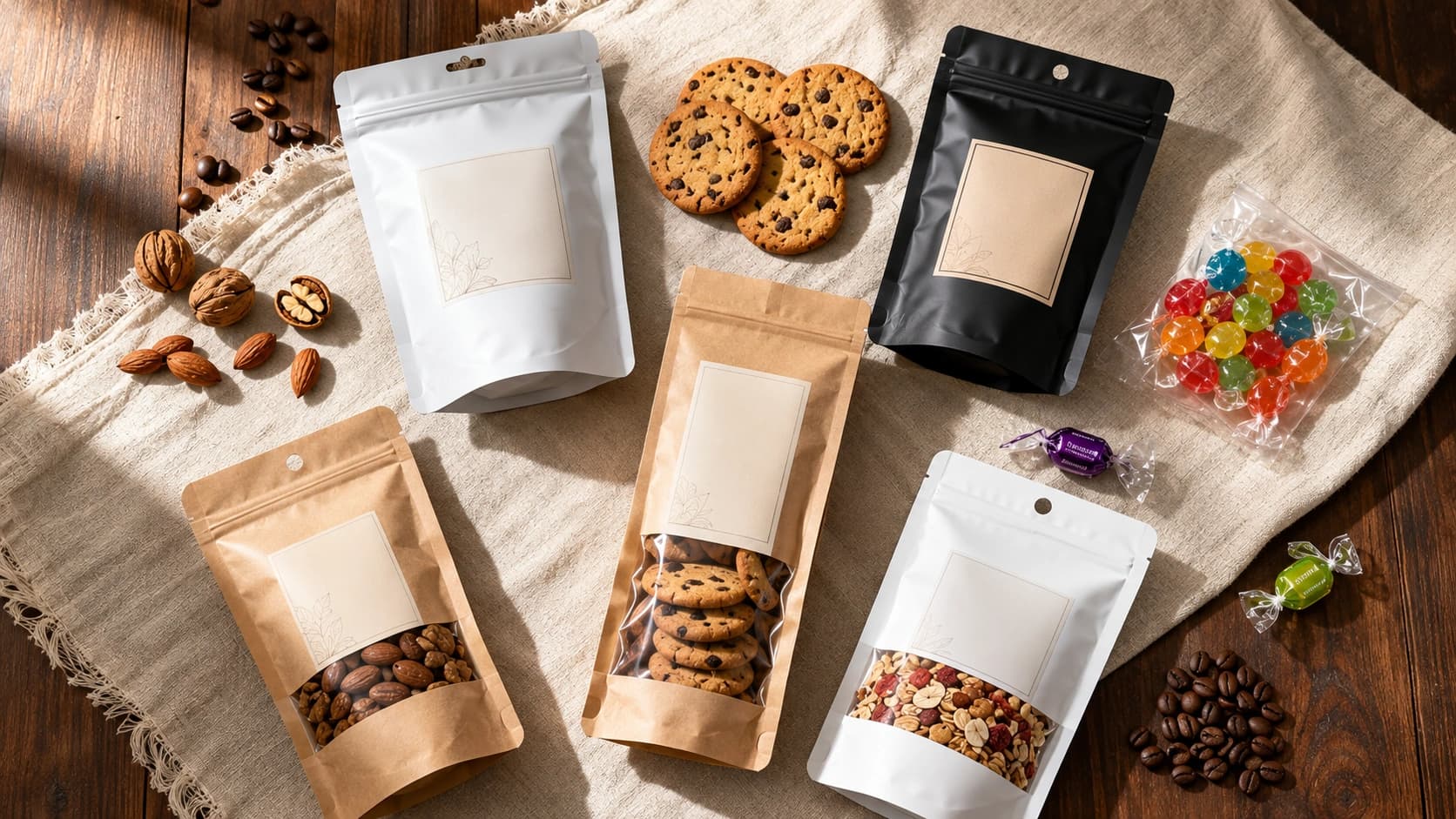 White, black, and kraft resealable food pouches displayed with cookies, nuts, granola, candy, and coffee beans