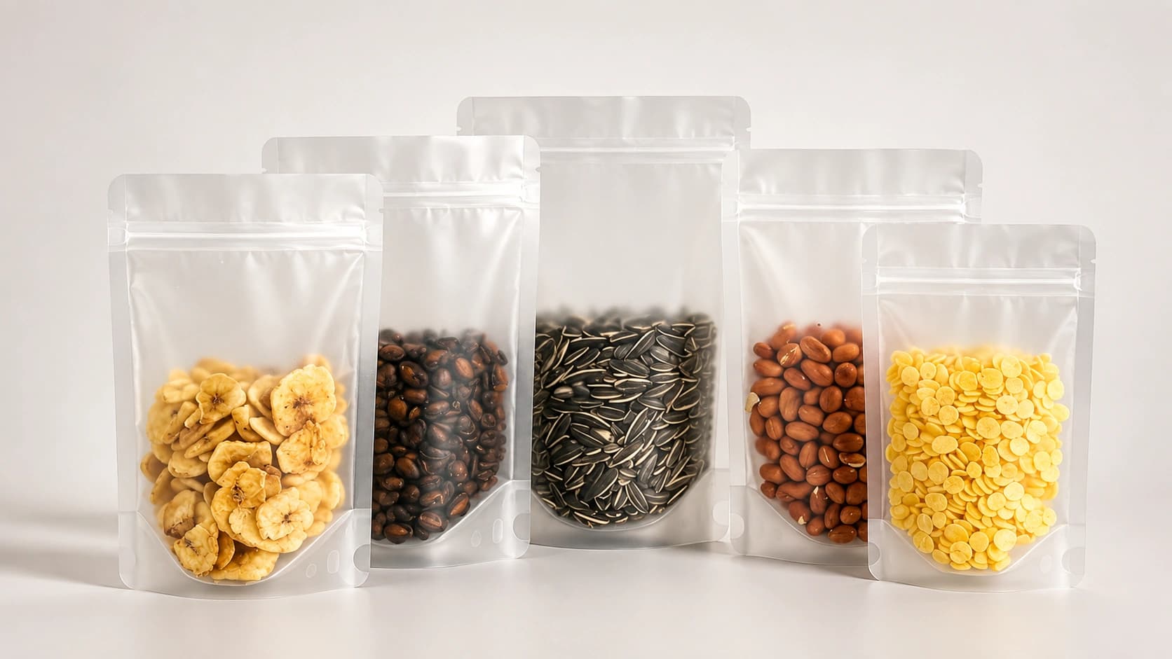 Five clear stand-up pouches filled with banana chips, coffee beans, sunflower seeds, peanuts, and cereal pieces
