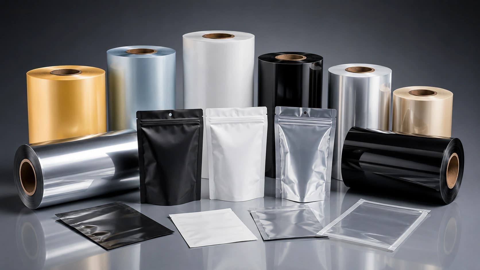 Flexible packaging film rolls with black, white, silver, and clear pouch formats