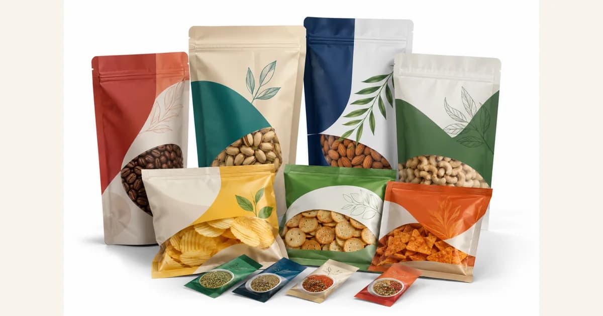 Assorted printed flexible food pouches representing multilayer packaging applications