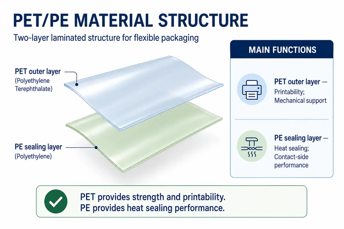 Diagram showing PET outer film and PE sealing film in a two-layer laminate